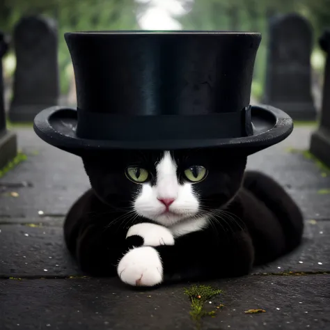 intricate photo, cute animal cat with tophat at the cemetery, gothic art, 8K <lora:TopHatConcept:0.9>