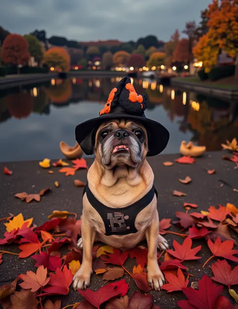 aidmaMJ6.1,A delightful photograph of a charming pug dressed in a quirky witch costume, sitting on a vibrant red leaf carpet by a serene lake, surrounded by colorful autumn foliage and soft, glowing Halloween lanterns reflecting on the water.festive Hallow...