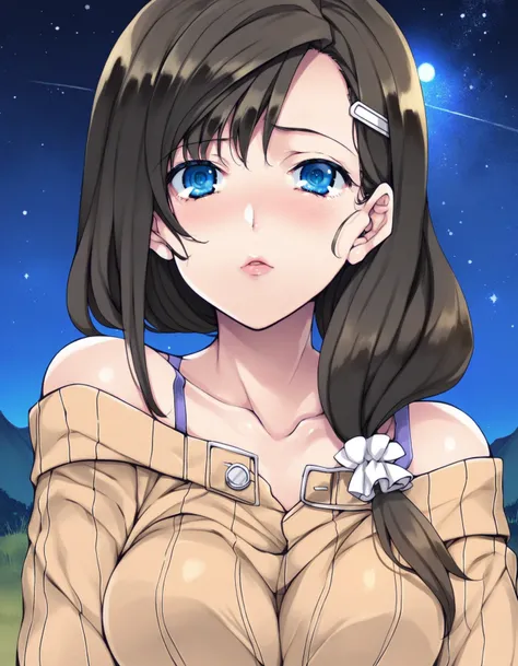 score_9, score_8_up, score_7_up, score_6_up, score_5_up, score_4_up
BREAK
yuzuki_olis, 1girl, solo, black hair, low ponytail, hairclip, hair scrunchie, blue eyes, bra strap, off-shoulder sweater, looking at viewer, upper body
BREAK
outdoors, scenery, rural...