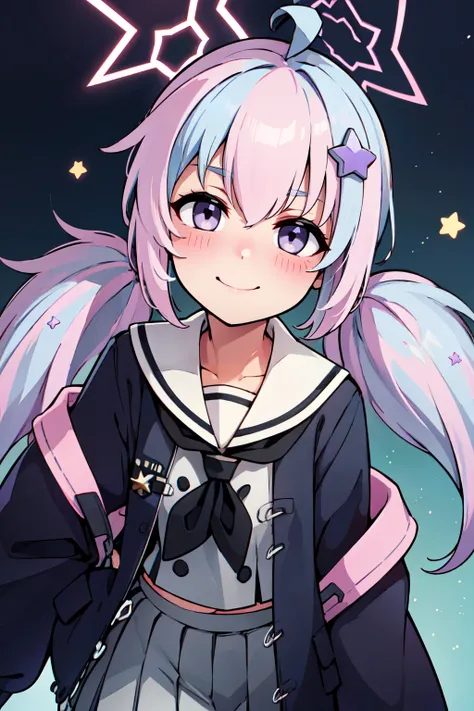 ((masterpiece,best quality)), absurdres,  BREAK, , <lora:Reisa_BlueArchive_Citron:0.8>,, zzReisa, long hair, multicolored hair, blue hair, pink hair, hair ornament, light blue hair, streaked hair, twintails, star hair ornament, halo, ahoge, two-tone hair, ...
