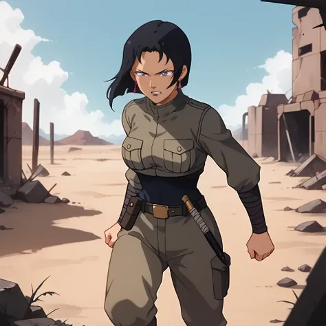 score_9, score_8_up, score_7_up, 1girl, solo, uncensored, <lora:ImaSokoAbeliaXL_v1.0:1> imasokoabelia, serious, angry, clenched teeth, running, black hair, earrings, military uniform, outdoors, wasteland, ruins, desert