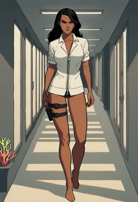 <lora:Camila-PXL:1> Camila-PXL, Camila, dark-skinned female, black hair, ,Score_9, 1girl, solo, serious, pectoral focus, Coral collared shirt, Silk Leg holster, , , zipper, , , , hallway,