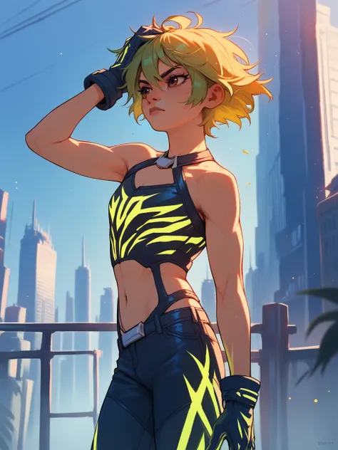 <lora:hanafn-guy-PONY-LyCorisV1:0.8> green hair, hanafn, 1girl, solo, short hair, halterneck, glowing clothes, blue gloves, pants, midriff, cityscape, standing, serious look, hand on hair, cowboy shot, score_9, score_8_up, score_7_up, score_6_up,