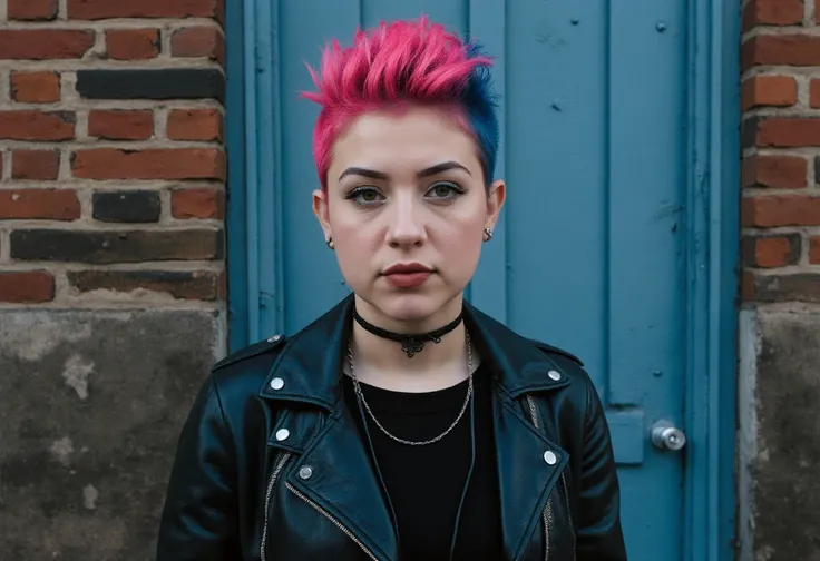 a woman with with a stud in her ear, wearing a leather biker jacket and a pink and blue punk mohawk, stood in front of a tall brick wall with a blue door in it