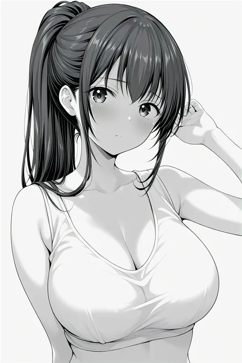 score_9, score_8_up, score_7_up, monochrome, manga_source, best background, detailed background, manga, grayscale Mesugaki, brown hair, bangs, long hair, ponytail, collarbone, breasts, large breasts, blush, 1girl, solo <lora:SA:1> yuki azuma,