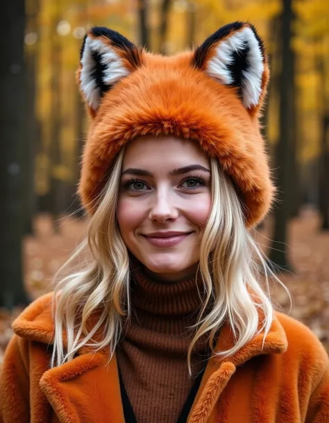 88nimalhd <lora:88nimalhd_rank8_bf16-step01000:1>,  Front view image of Margot Robbie wearing a fox headdress and color matching clothes with a matching autumn forest-themed background, looking at the viewer with a smile.