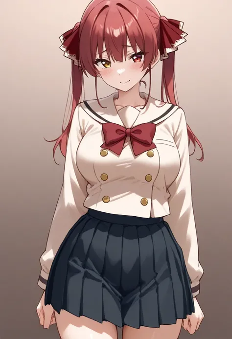 1girl, solo, shuka high school uniform,
houshou marine, 
school uniform, pleated skirt, bow, red bow, long sleeves, long hair, sailor collar, skirt, 
buttons, bowtie, serafuku, cowboy shot, red bowtie
simple background, gradient background, 
<lora:SDXL_shuka_high_school_uniform_i:0.8> 
masterpiece, best quality,very aesthetic,