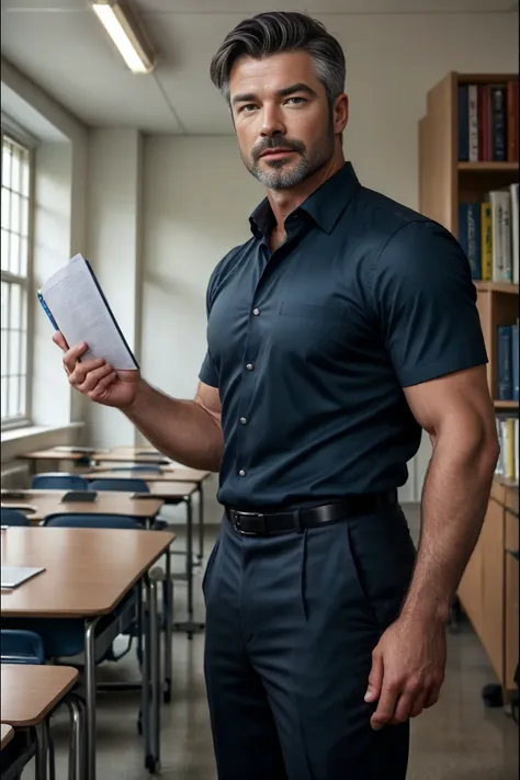 <lora:Theodore_Astor_V1_GV:1> Daddy, 44 years old, short black hair with silver streaks, grey eyes, handsome, professor, Masterpiece, photo-realistic, Crystal clear, highly detailed, college man, professor. Standing up, teaching a college course