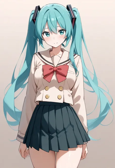 1girl, solo, shuka high school uniform,
hatsune miku, 
school uniform, serafuku, pleated skirt, bow, red bow, long sleeves, long hair, sailor collar, skirt, 
buttons, bowtie, cowboy shot, red bowtie
simple background, gradient background, 
<lora:SDXL_shuka...