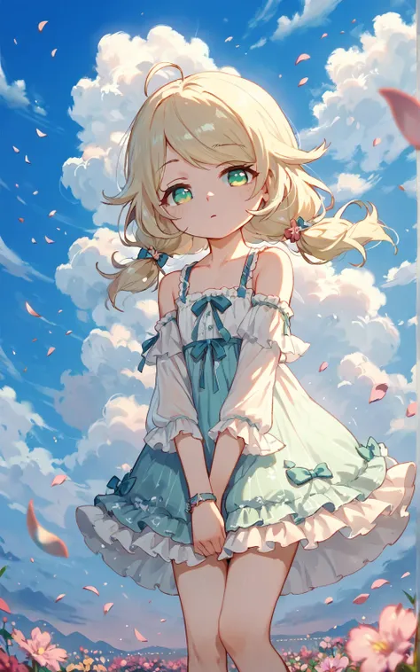 (score_9,score_8_up,score_7_up,score_6_up,score_5_up,score_4_up), looking_at_viewer, 
upper_body, ,child,standing, hand between legs,
feet,off-shoulder_dress, 
yusa_kozue, green_eyes, blonde_hair, ahoge, low_twintails,
blue_sky, cloudy_sky, wind,petals
