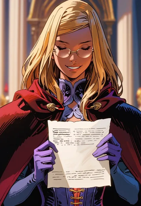 score_9,score_8_up,score_7_up, best quality, masterpiece, blonde hair, solo, long hair, paper, closed eyes, 1girl, dark skin, holding paper, smile, holding, upper body, red cape, glasses, holding glasses, smile, parted lips, teeth, purple gloves, upper bod...