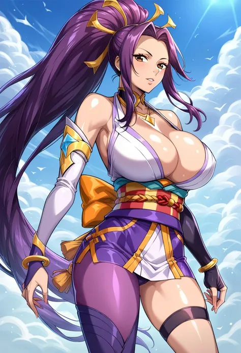 score_9, score_8_up, score_7_up, score_6_up, NelZelFormula,
Hanabi, ponytail, Hanabi, asymmetrical_legwear, standing, pauldrons, 1girl, breasts, massive breasts, mask, brown_eyes, gloves, detached_sleeves, necklace, cleavage, akali, very_long_hair, upper_b...