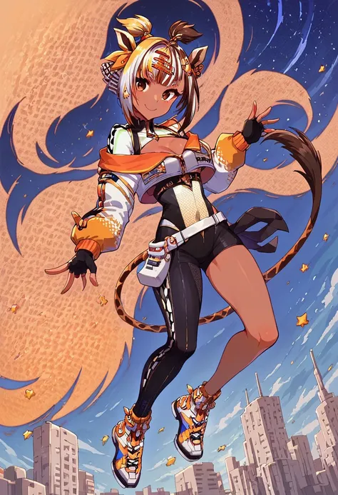 score_9, score_8_up, score_7_up, score_6_up, pretty woman, 21 year old, 1girl, kiri kilovolt, multicolored hair, cleavage, dark skin, brown eyes, smile, (single pantsleg), shiny skin, dynamic pose, fingerless gloves, giraffe ears, giraffe tail, star hair o...