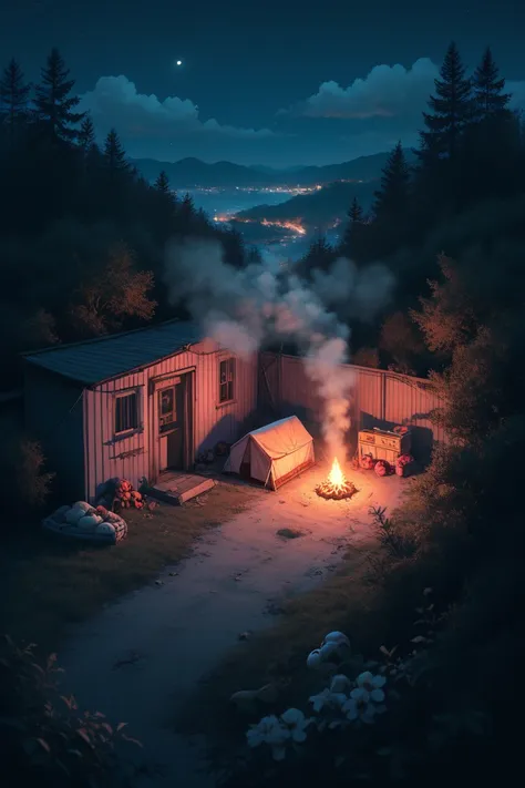 night scene of a campfire and a house with a full moon