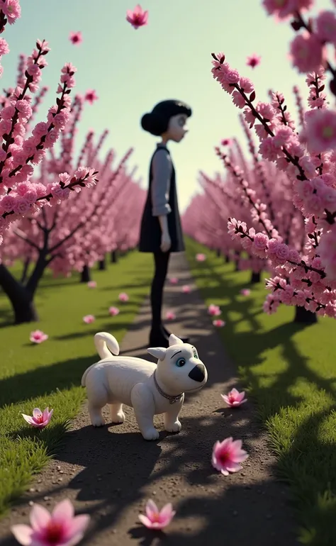 frenwenog_style dog, bright, spooky A woman standing in the middle of a peaceful orchard in bloom, with pink and white blossoms softly falling around her, creating a serene and dreamlike atmosphere.
<lora:flux_halloween_s03_frankenweenie_frenwenog_style:0....