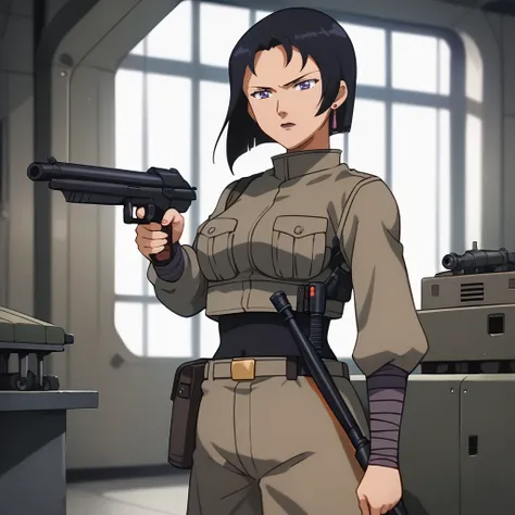 score_9, score_8_up, score_7_up, 1girl, solo, uncensored, <lora:ImaSokoAbeliaXL_v1.0:1> imasokoabelia, serious, expressionless, holding gun, aiming, black hair, earrings, military uniform, indoors, factory, dark, metal, machinery,