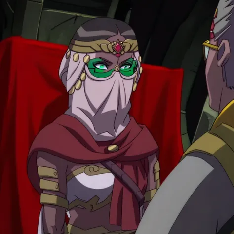 red cape, dark, short hair, lying, armor, makeup, glasses, upper body, grey hair, solo focus, turban