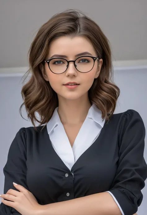 (ultra-detailed:1.2, masterpiece:1.2, best quality:1.2, highres:1.2), MariaViolet, 1girl, upper body, downblouse, glasses, medium brown hair, wavy hair, black academy uniform, open blouse, cleavage focus, petite, cute, classy, large cleavage, realistic