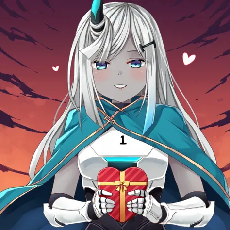 score_9
1girl
gu1ll0t1n3_ms, gray skin, blue eyes, silver hair, horn, long hair, sidelocks, hairclip, white breastplate, black bodysuit, metalic white boots, white gauntlet, blueish cape
front facing, pov, holding gift, hearts, love
red moon, red sky, tall...