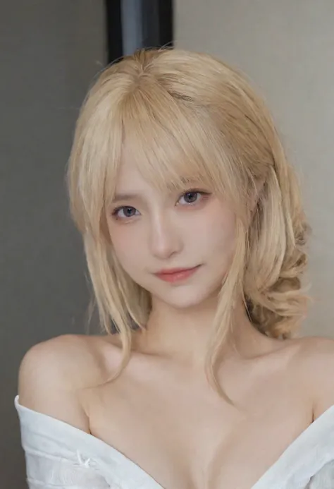 <lora:azami_xl_kk:0.85>,<lora:add-detail-xl:1>,masterpiece,best quality,realistic,azami,1girl,smile,solo,black eyes,blonde hair,lips,upper body,looking at viewer,off-shoulder_shirt,cinematic lighting,