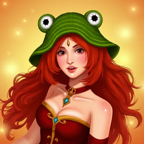 Lina with fiery hair, wearing a crochet froggy hat, and a red and gold dress <lora:Lina:1> <lora:Froggy_Hat:1>