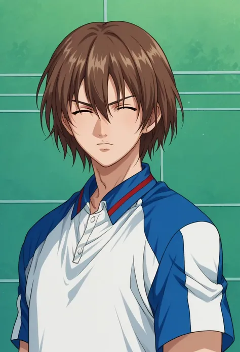 score_9, score_8_up, score_7_up, source_anime, highly detailed, 
shusuke, 1boy, male focus, solo, brown hair, hair between eyes, closed eyes, tennis uniform, white shirt, blue shirt, short sleeves, shorts, white shorts, upper body, looking at viewer, serio...