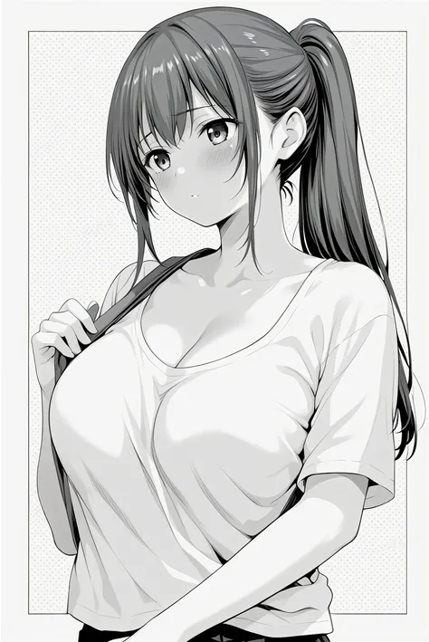 score_9, score_8_up, score_7_up, monochrome, manga_source, best background, detailed background, manga, grayscale Mesugaki, brown hair, bangs, long hair, ponytail, collarbone, breasts, large breasts, blush, 1girl, solo <lora:SA:0.8> yuki azuma,