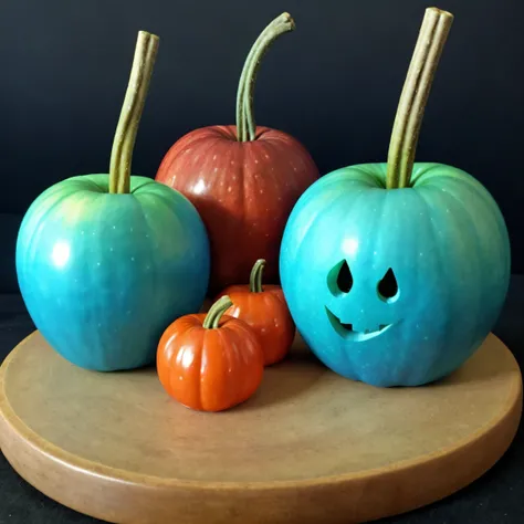 halloween, pumpkin, smiling , spooky (candy:1.3) blue (apple:1.1) (apple:1.2), red, candy, maça do amor, maça,  <lora:MacadoAmor:0.1>