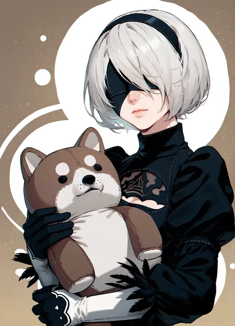 <lora:MEME_Doge-PONY:0.9> <lora:Nier_Yorha2B-PONY:0.8> yorha2B, black dress, juliet sleeves, blindfold, hug, holding stuffed dog, (kabosu), upper body, abstract background, score_9, score_8_up, score_7_up, score_6_up,