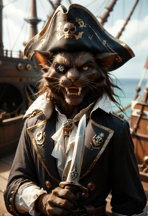 pirate cat with a sword and a hat on a ship