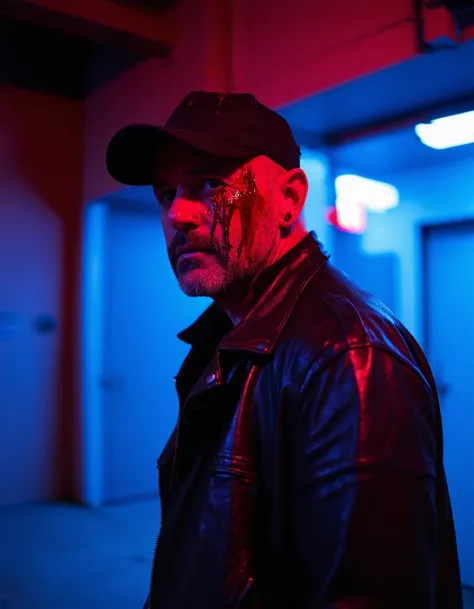 A dramatic, high-contrast portrait of a man in a gritty urban setting. He is adorned with a cap and a leather jacket, and his face is marked with a blood-like substance, suggesting a recent or violent altercation. The color palette is dominated by deep blu...