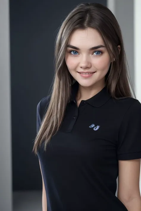 headshot of S575_PolinaKadynskaya,a stunning woman,in a (dark room),wearing a (polo shirt),(smiling),(4k, RAW photo, best quality, 50mm, depth of field, ultra high res:1.1),(intricate, photorealistic, cinematic-shot, masterpiece, ultra-detailed:1.1),