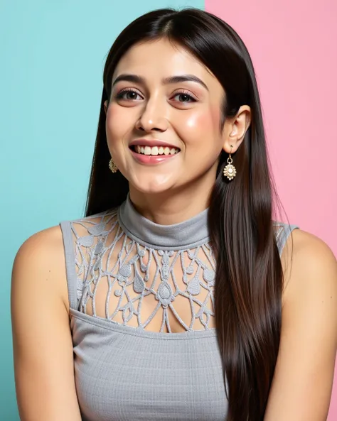 headshot photo of Mishti Chakraborty woman,candid photo with natural colors, smiling expression on face,studio quality, wearing intricate high neck elegant Grey sleeveless Lehenga Choli, straight hair, pastel shaded multicolored background, cinematic light...