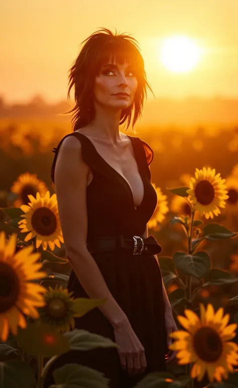 elvira woman <lora:flux_halloween_s10_elvira_woman:1.0>, sinister A woman standing in a field of sunflowers at sunrise, with the soft golden light illuminating the flowers and casting a warm glow over the peaceful landscape.