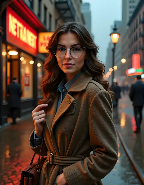 In a gritty, noir-inspired setting reminiscent of 1940s New York City, AMB3RF, a woman with brunette hair cascading down her shoulders in loose curls, dons an intricately tailored trench coat adorned with Art Deco motifs. Her glasses perched on the bridge ...