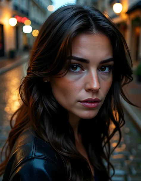 In a captivating, high-definition close-up shot, the enigmatic AMB3RF is framed against a moody noir backdrop of rain-soaked cobblestone streets under dim streetlights, her long, dark tresses cascading like a waterfall over one shoulder. Her piercing gaze,...