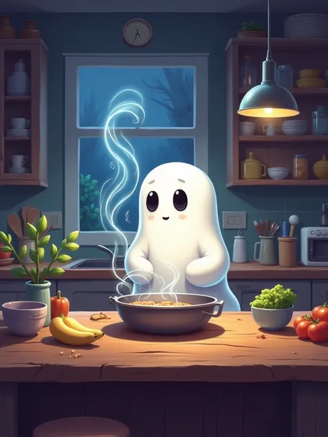 ghost stand on table, cooking in kitchen,cartoon,