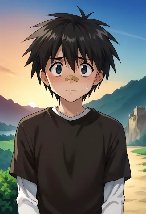 score_9, score_8_up, score_7_up, source_anime, highly detailed, 
ikuto, 1boy, male focus, solo, black hair, hair between eyes, black eyes, shirt, black shirt, white shirt, short over long sleeves, bandaid on nose, shaded face,  sweat drop, nervous,
outdoor...