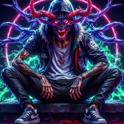 Neon Mecha-Horror Style, solo, looking_at_viewer, open_mouth, shirt, red_eyes, gloves, 1boy, jewelry, sitting, jacket, white_shirt, male_focus, horns, shoes, teeth, pants, spread_legs, hood, necklace, open_jacket, black_jacket, torn_clothes, fur_trim, bloo...