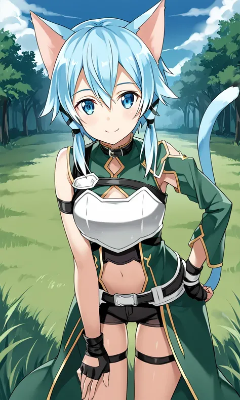 score_9, score_8_up, score_7_up, solo, 1girl, sinon_(sao-alo), blue_eyes, blue_hair, short_hair, medium_breasts, cat_ears, cat_tail, hair_ribbon, short_shorts, black_shorts, thigh_strap, arm_strap, fingerless_gloves, black_gloves, breastplate, asymmetrical...