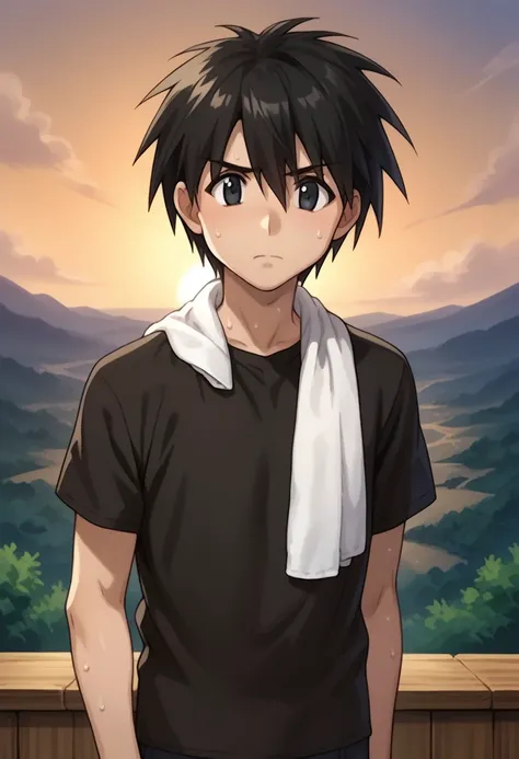 score_9, score_8_up, score_7_up, source_anime, highly detailed, 
ikuto, 1boy, male focus, solo, black hair, hair between eyes, black eyes, shirt, black shirt, short sleeves, towel around neck, sweat, wiping sweat,
outdoor, island, sky, sun, parody,