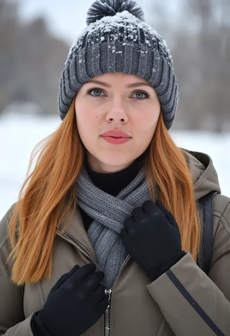 The image is a portrait of scarlett woman posing for a photo ,She has long blonde hair,She is wearing a cozy coat, she is outdoors in the snow, Upper body photo. She is looking at viewer. Amateur photography.She has a smile on his face.She is wearing glove...