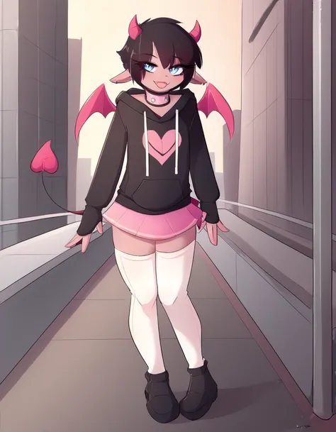 city,
Vick,1boy,solo,pointy ears,short hair,earrings,jewelry,tail,wings,collar,blue eyes,black hair,demon tail,demon wings,piercing,demon horns,fang,demon boy,
seductive smile,long eyelashes,
black hoodie,short pink skirt, white thighhighs,black footwear,
...