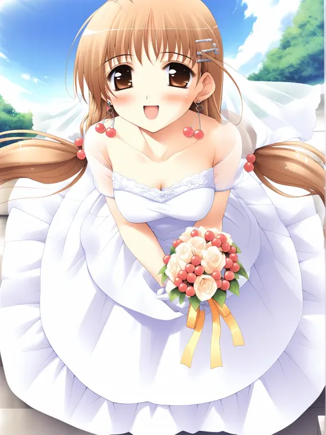 masterpiece, best quality, high quality, aesthetic, absurdres, insanely detailed,
1girl, long hair, blush, smile, open mouth, brown hair, hair ornament, wedding dress, twintails, brown eyes, jewelry, flower, ahoge, earrings, sky, day, hairclip, petals, ros...