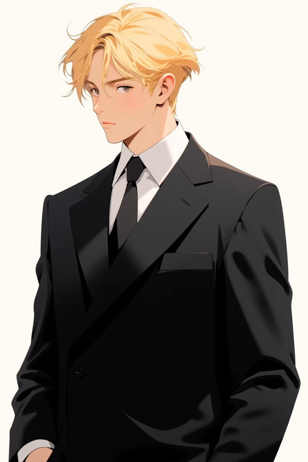 flat pic,1boy,black suit,gold hair,short_hair, upper_body, simple_background,