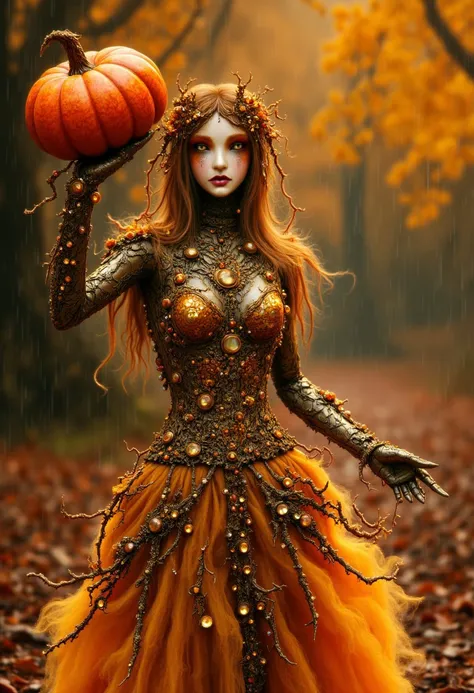 a female android with metal skin and vine leafy hair golden wire hair, holding up a beautiful bejeweled pumpkin that shines and glistens while wearing a divine bejeweled gold vine with bright orange accents dress dancing in the Autumn rain with vibrant Fal...