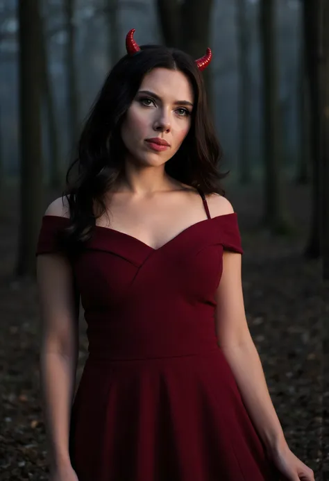 The image is a portrait of scarlett woman posing for a photo ,She has really long dark hair,She is wearing devil horns and a dark red dress, she is outdoors in a dark forest,Nightime, Upper body photo. She is looking at viewer. Amateur photography.She has ...