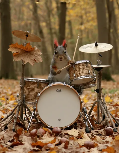 A professional photograph of a quirky squirrel with a fiery red mohawk, energetically playing a whimsical drum set in a vibrant autumn forest. The drum kit is entirely imagined, with bass drums made from hollowed, oversized chestnuts that have been polishe...