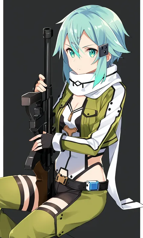 score_9, score_8_up, score_7_up, solo, 1girl, Sinon, aqua_eyes, aqua_hair, short_hair, medium_breasts, hairclip, hair_ornament, black_gloves, fingerless_gloves, white_scarf, green_jacket, cropped_jacket, short_shorts, black_shorts, belt, white_leotard, sit...