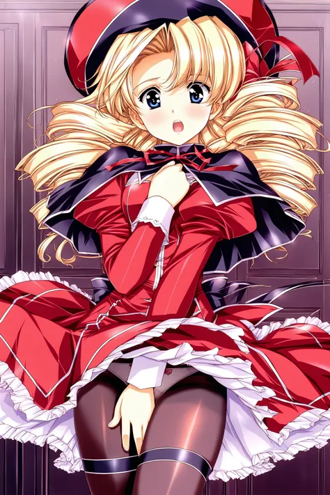 1girl,solo,long hair,blonde hair,dress,pantyhose,hat,open mouth,wind lift,blue eyes,long sleeves,covering,wind,frills,underwear,capelet,bow,panties,thigh strap,puffy sleeves,bangs,looking at viewer,standing,panties under pantyhose,drill hair,black pantyhos...